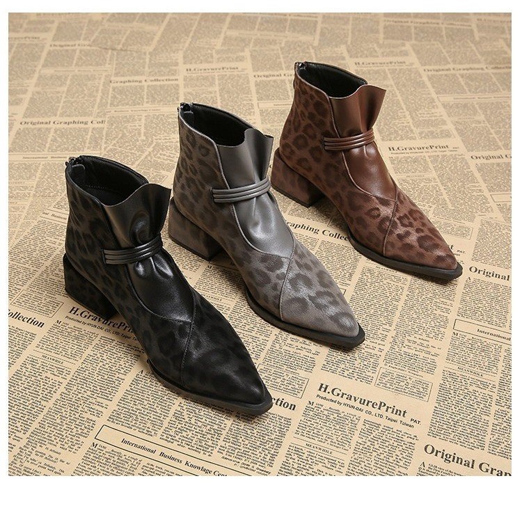 French Street Fashion - French-style Leopard Print Pointed Short Boots